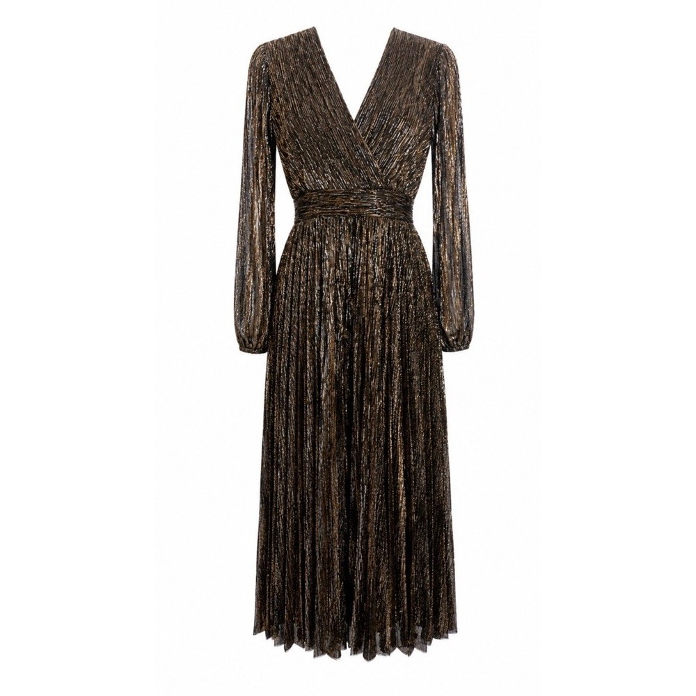 Halogen Metallic Pleated Wrap Dress Bronze Silver V-Neck Long Sleeve Small